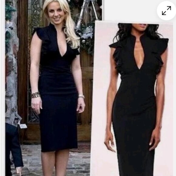 Black Halo Black Dress Eva Ruffle Plunge Keyhole Dress Size 4 - Picture 7 of 8